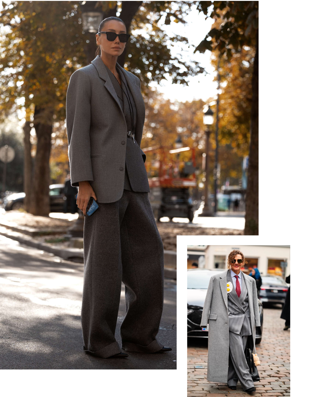 1. görsel toprak tonları oversize takım elbise 2.görsel Renia Jaz, Copenhagen, Denmark moda haftası street style